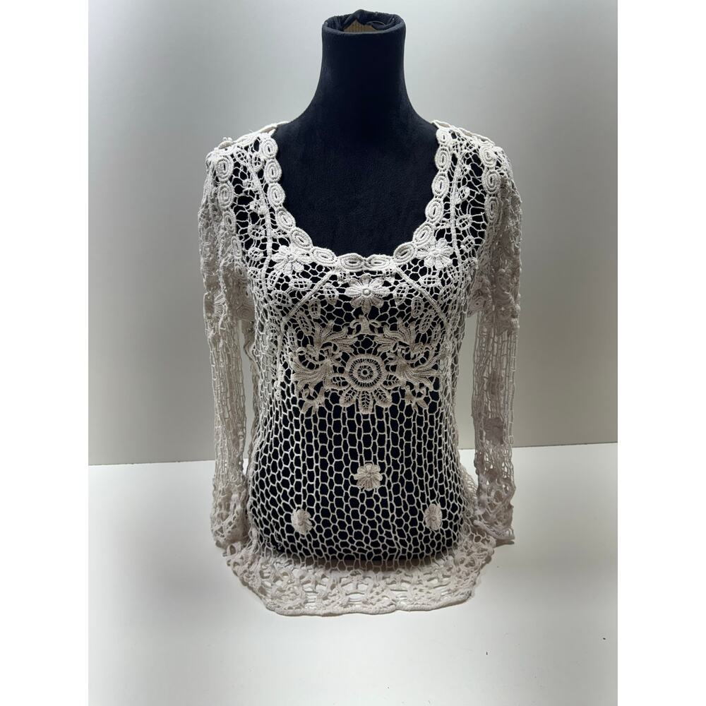 Yaira Women’s Crochet Tunic Top Ivory Sz L Boho Overlay Romantic Fairycore READ
